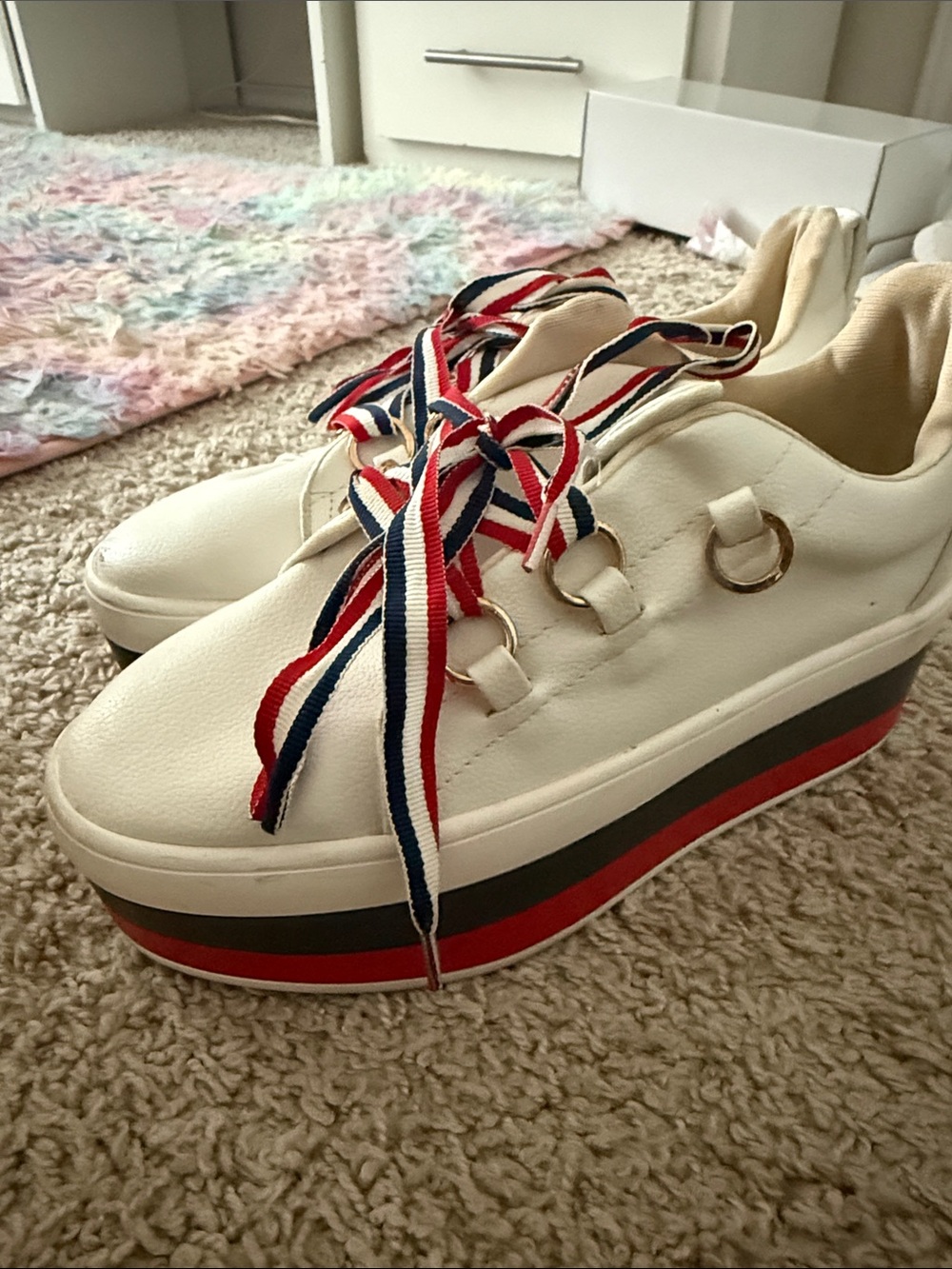 White Platform Sneakers with Red-Blue Stripe Laces